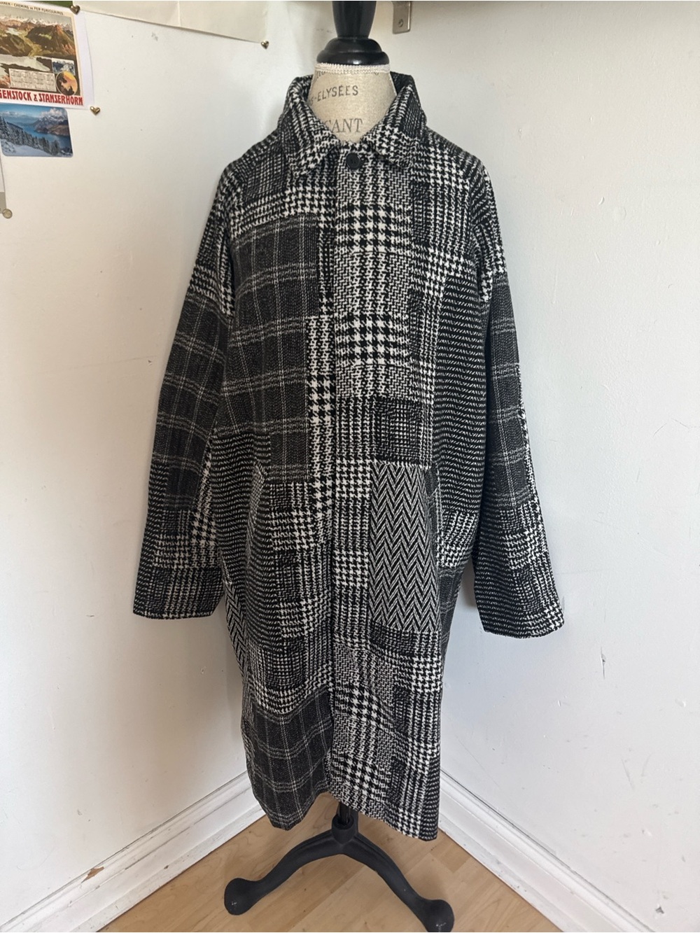Urban Outfitters Black & White Plaid Patchwork Pea Coat